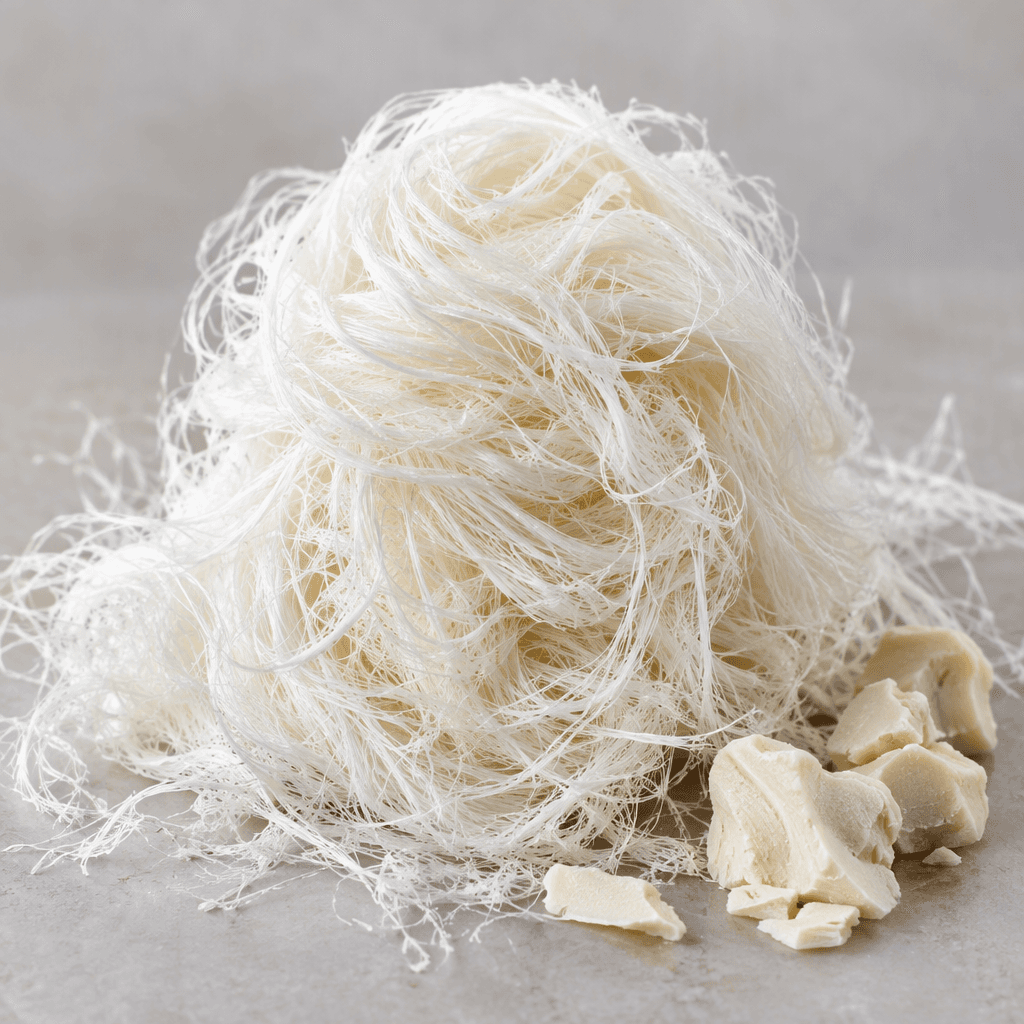 A mound of fine, silky white sugar strands gathered into a loose, airy bundle, with delicate wisps spilling across the surface and small pale cream pieces arranged beside it.