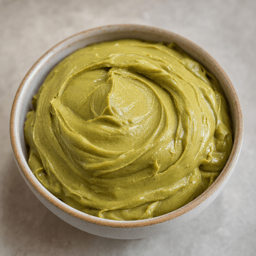 A mound of thick, smooth pistachio butter with a muted green colour and a slight sheen, spread in soft swirls in a small bowl.