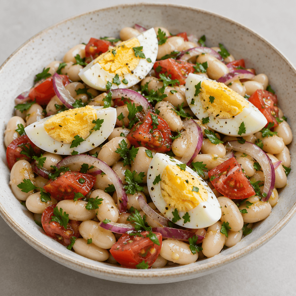 A shallow plate holds plump white beans mixed with thin crescent slices of red onion, chopped parsley and red tomato pieces, with a glossy pale dressing coating the ingredients and quartered hard-boiled eggs arranged on top.