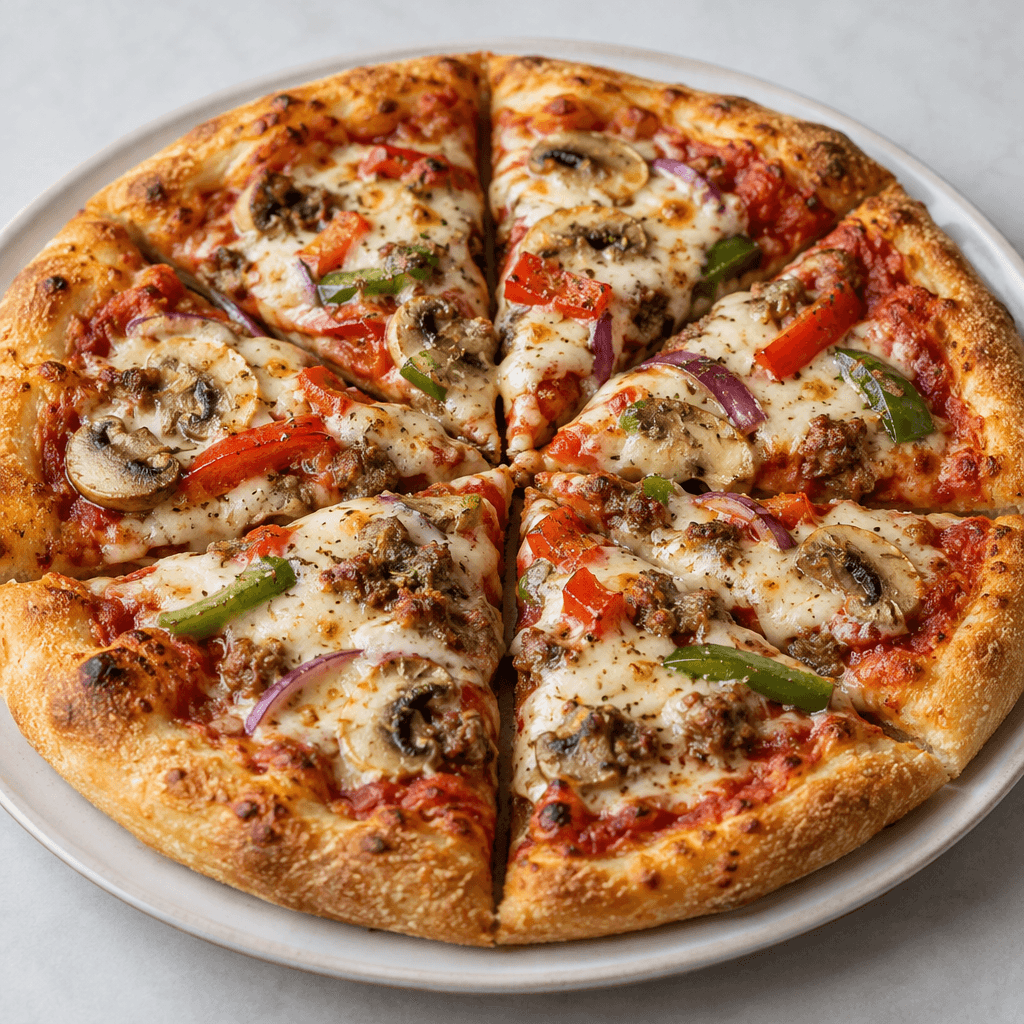 A round, flat bread base with a raised golden-brown edge, topped with red tomato sauce, pale melted cheese, and scattered vegetable or meat pieces, cut into triangular slices and served on a plate.