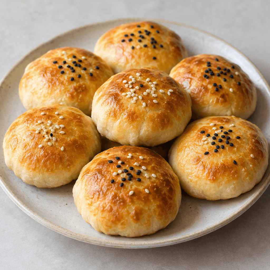 Small, round, slightly flattened pastries with smooth golden-brown tops, lightly puffed edges, and a soft, fine-textured surface, arranged on a serving plate and sprinkled with a few sesame or black nigella seeds.