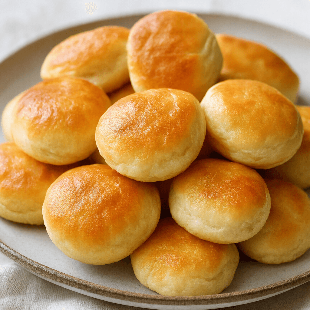 Small, round, slightly flattened buns with smooth golden-brown tops, paler sides, and a soft, lightly layered surface, arranged together on a plate.