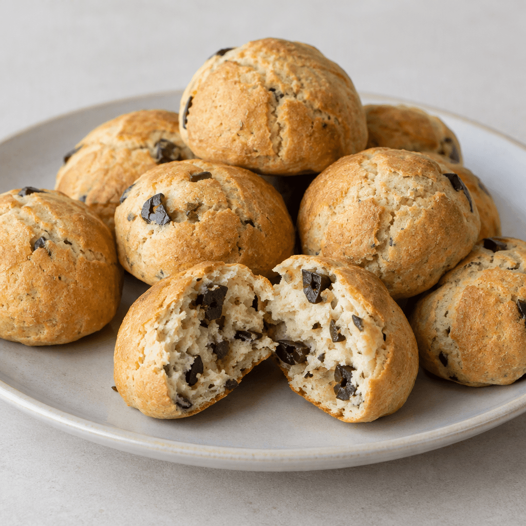 Small, rounded golden-brown pastries with lightly cracked, matte surfaces, arranged on a plate, with one split open to reveal a soft pale interior dotted with chopped dark olives.