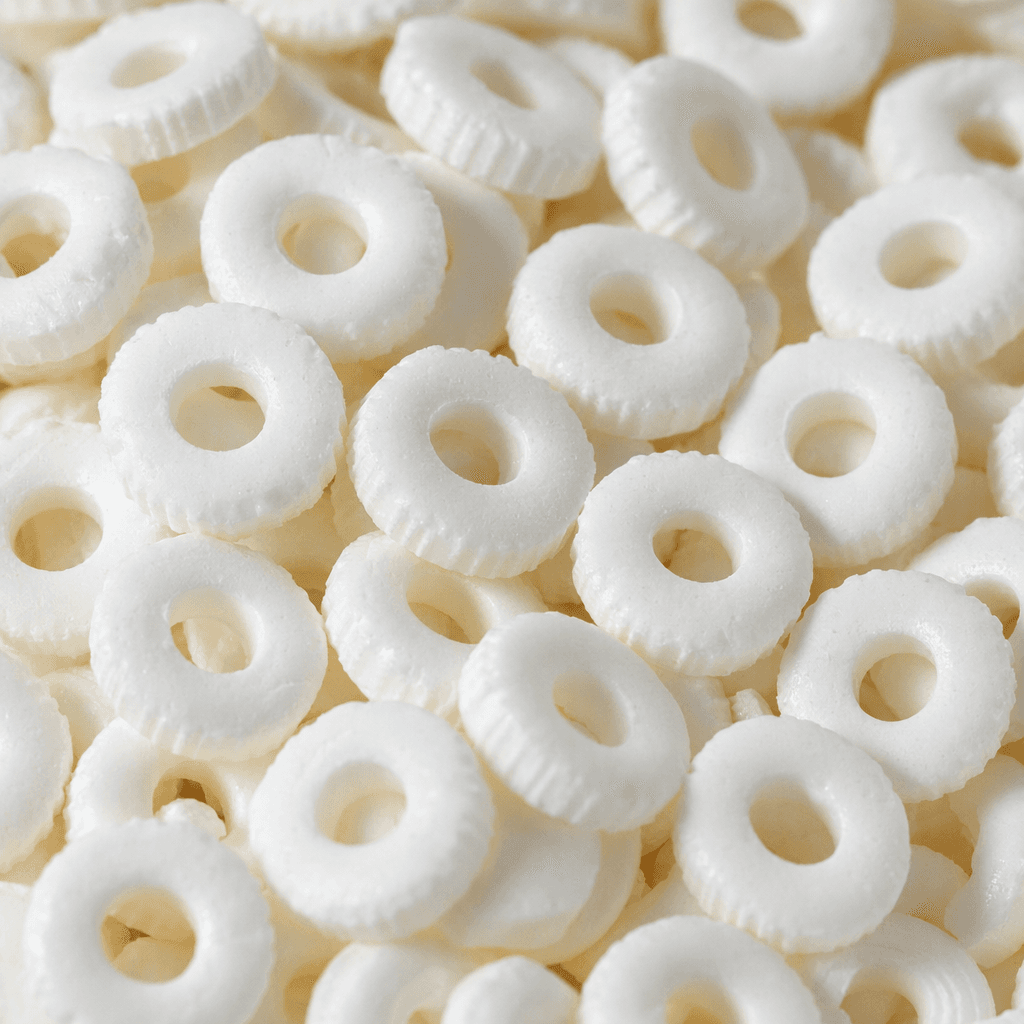 Small, opaque white hard candies lie scattered together, each shaped like a flat ring with a round hole in the centre and fine grooves around its edge.