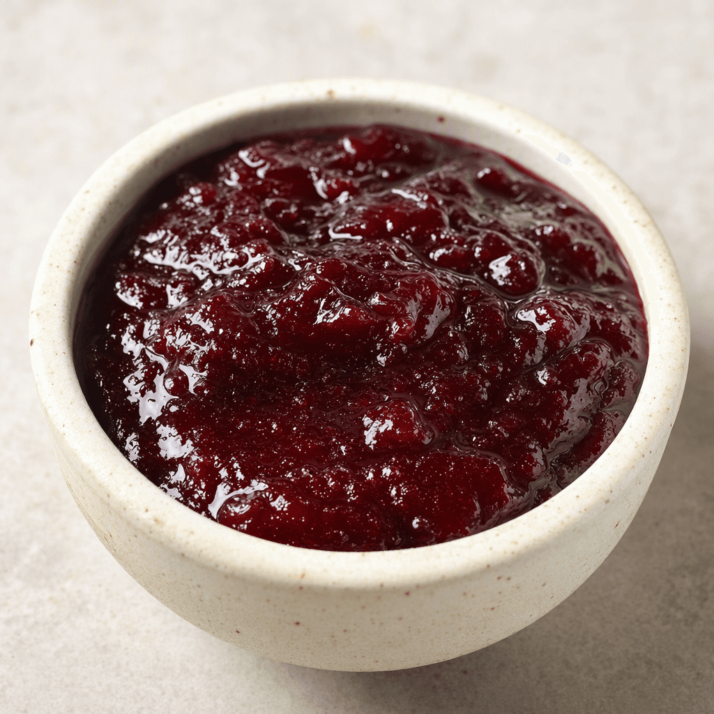 A thick, glossy fruit jam with a softly uneven surface, served in a small dish.