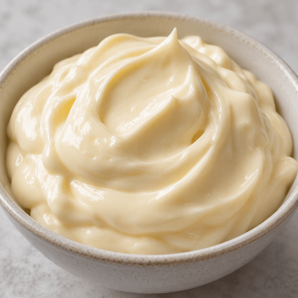 Thick, smooth, glossy pale-ivory mayonnaise sits in a soft mound with gentle spoon marks.