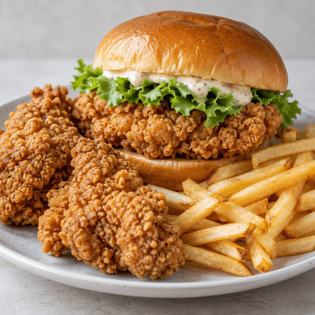 Golden-brown, craggy-coated chicken pieces sit beside a breaded chicken sandwich in a soft bun with pale sauce and green lettuce, with thin golden fries arranged alongside.