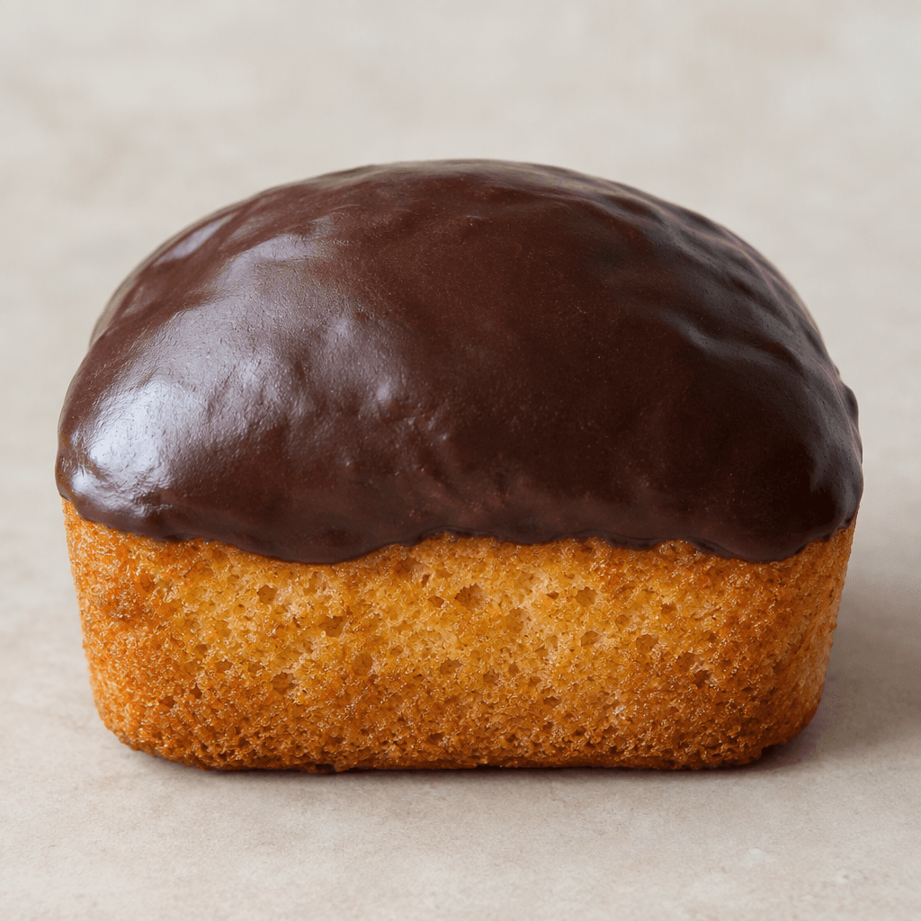 A small, rounded rectangular sponge cake with a golden-brown crumb, a soft domed top, and a smooth dark-chocolate coating over the upper surface.