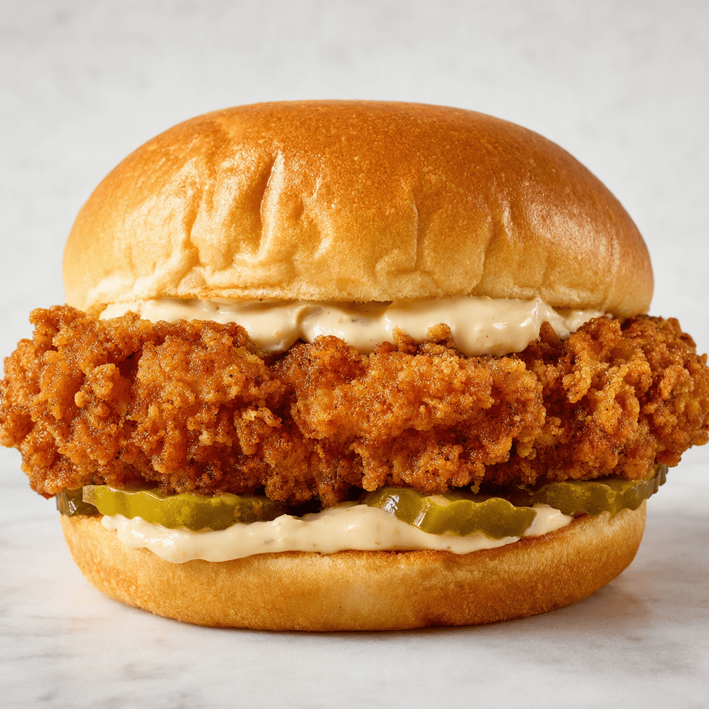 A thick, craggy golden-brown breaded chicken fillet sits in a soft, lightly toasted bun with pale creamy sauce and green pickle slices peeking out at the edges.