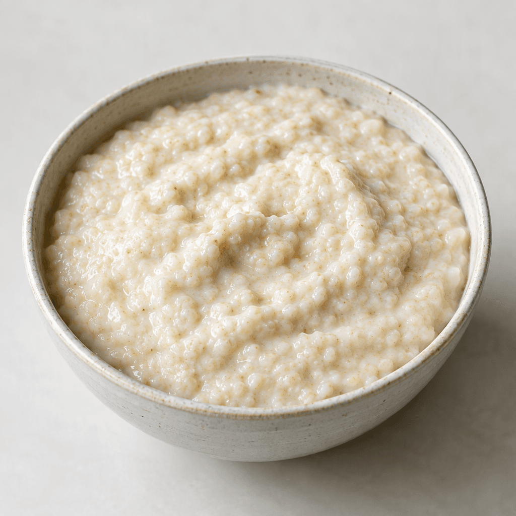 A bowl of thick, spoonable porridge with a pale beige to creamy-white colour, a soft slightly lumpy texture, and a smooth, gently uneven surface.