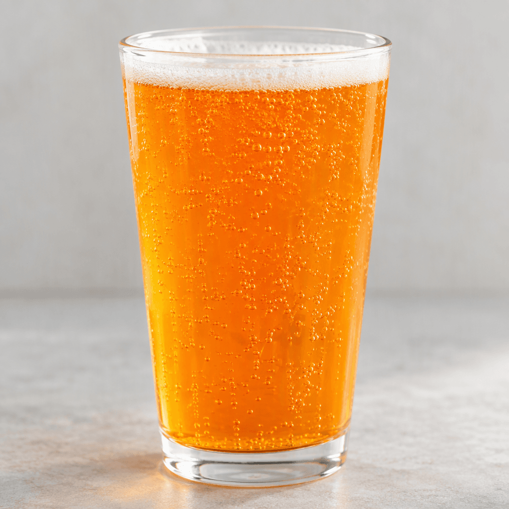 Bright orange, translucent carbonated liquid with fine bubbles rising through it, served in a clear glass with a thin layer of foam at the surface.