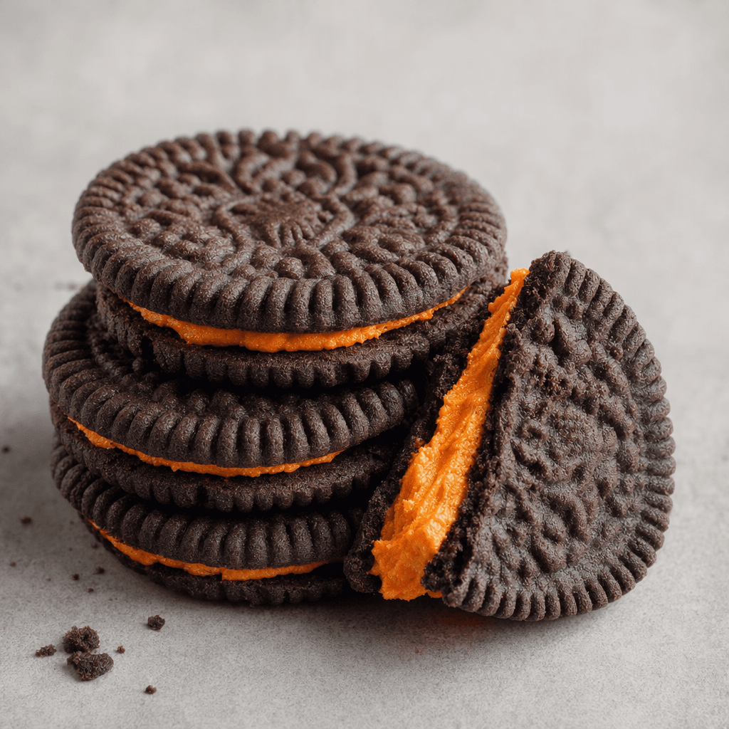 Round, nearly black cocoa biscuits with a ridged, embossed surface are stacked beside a broken one showing a thick, vivid orange cream filling.