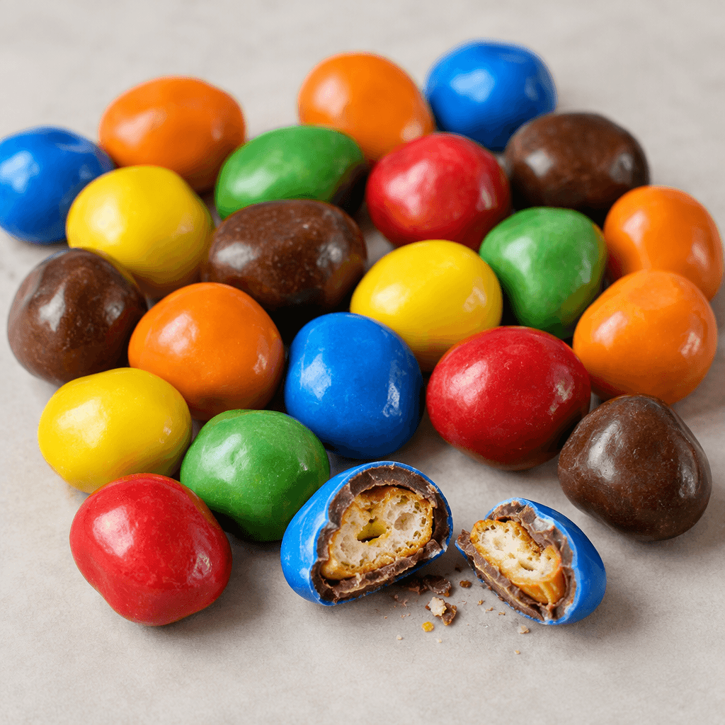 Small, plump, slightly irregular candies with smooth, glossy shells in assorted bright colours are scattered together, with a broken piece showing a crunchy pretzel centre beneath the thin chocolate layer.
