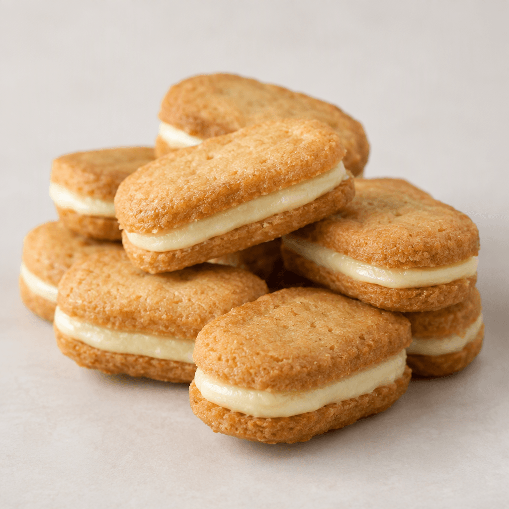 Small rounded rectangular sandwich biscuits with two thin golden-brown biscuit layers and a visible pale cream-coloured banana filling between them, arranged on a plain surface.