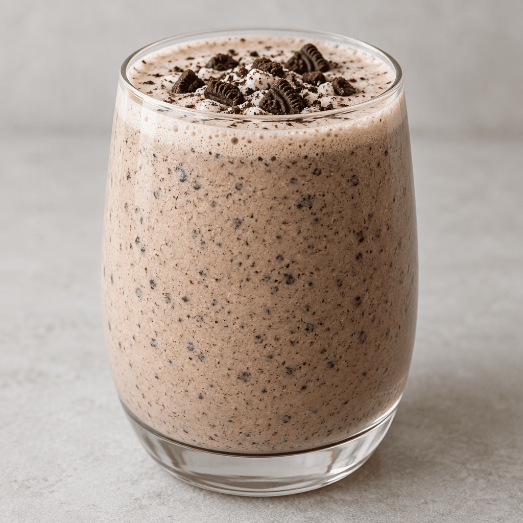 An opaque, creamy light-brown drink sits in a clear glass, with fine dark biscuit specks throughout and a thin layer of foam on top.