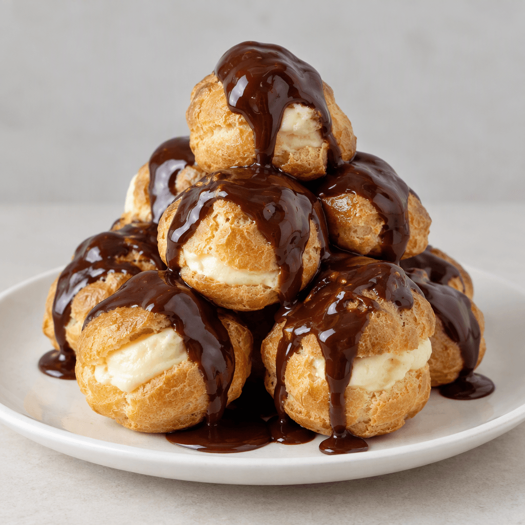 Small, round, golden-brown choux pastry puffs arranged in a mound, filled with pale cream visible at a few cut openings and draped with glossy dark chocolate sauce that runs down the sides, served on a plain plate.