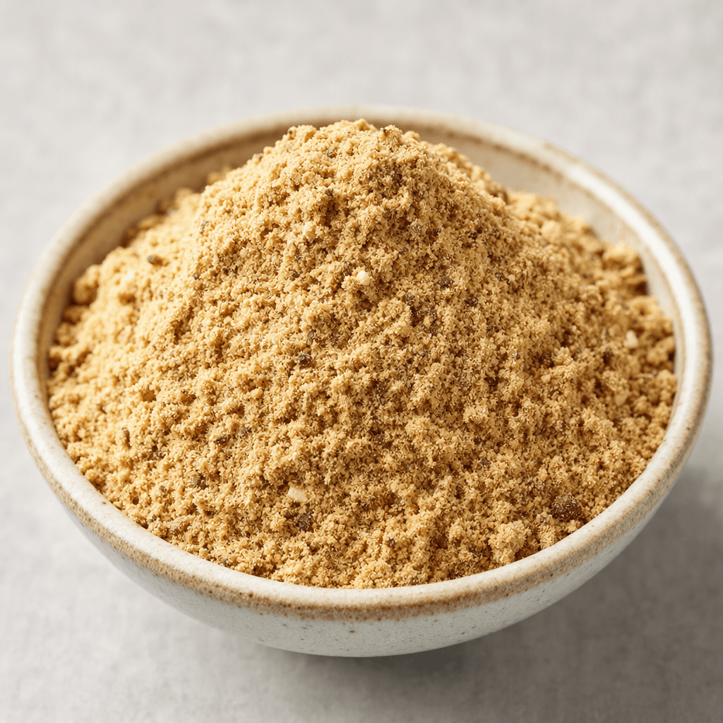 A mound of fine, light-brown powdered mix with a few darker specks, loosely piled in a small bowl.