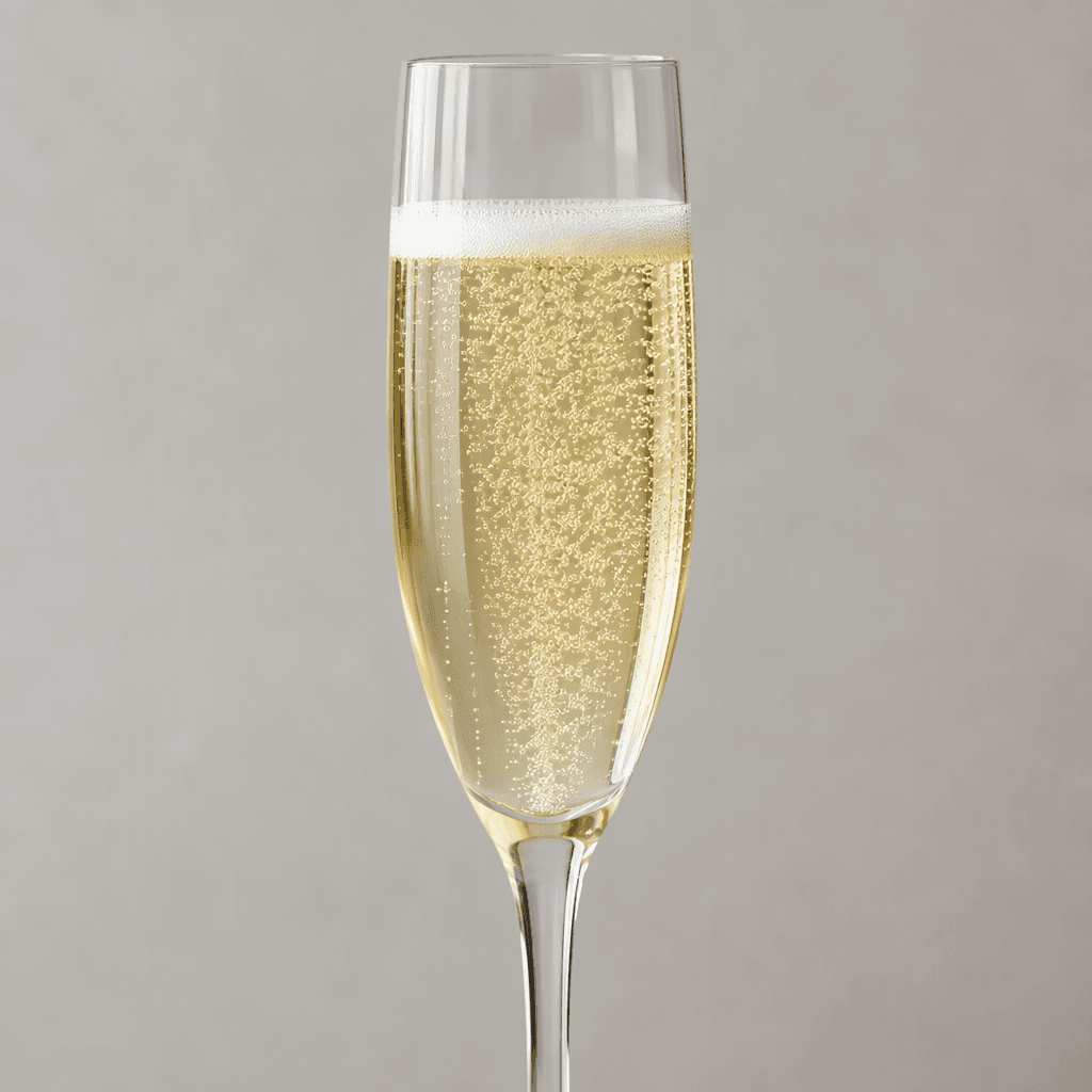 Pale straw-yellow sparkling wine fills a tall, slender flute, appearing clear and translucent with a delicate crown of white foam and a steady stream of fine bubbles rising through the glass.