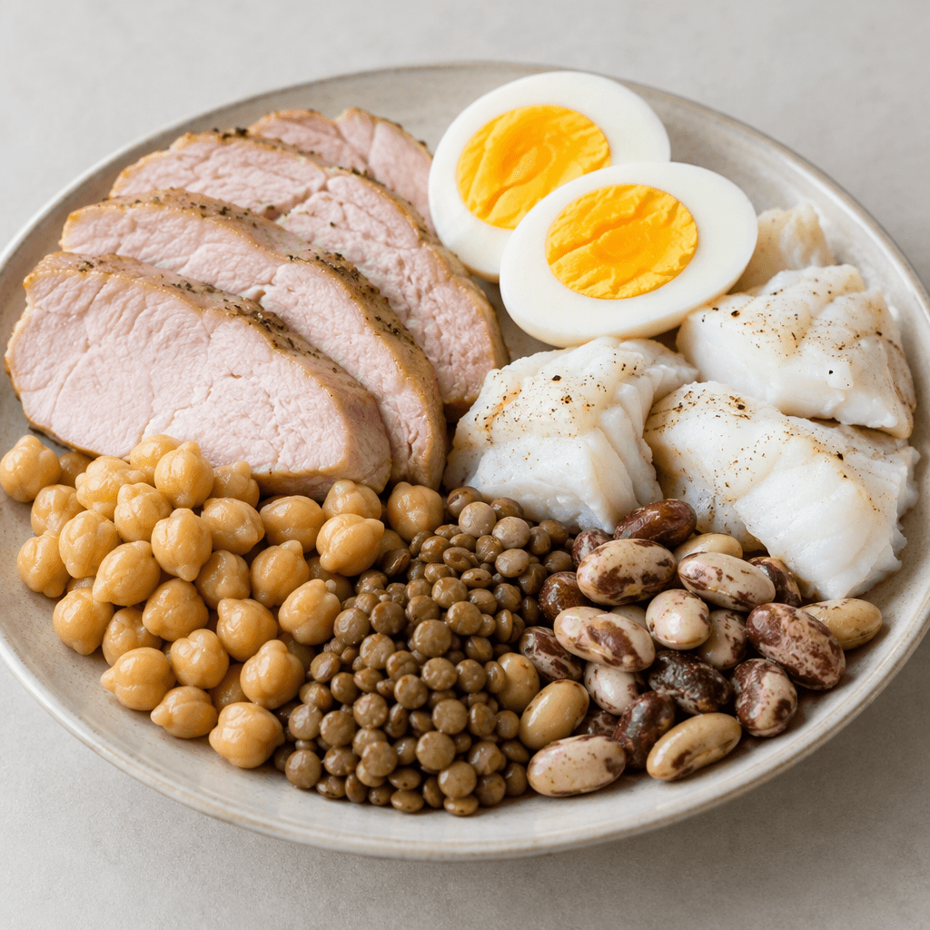 Bir tabakta düzenlenmiş protein açısından zengin yiyecekler; açık pembe dilimlenmiş et, pürüzsüz beyazı ve sarı sarısıyla yumurtalar, beyaz ve diri balık parçaları ile farklı şekil ve dokulardaki bej baklagiller.