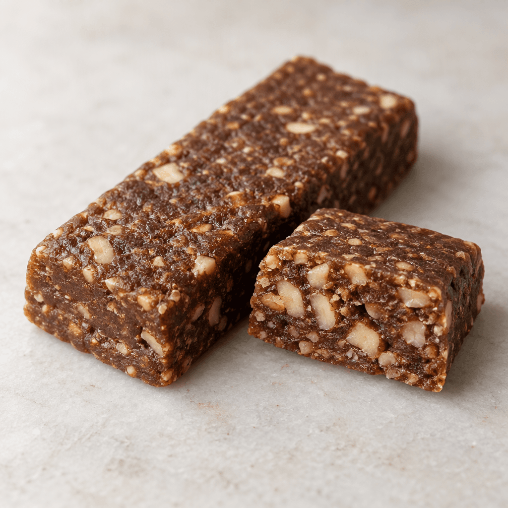 A compact, rectangular brown protein bar with a slightly rough surface and small pale pieces visible throughout, shown whole beside a cut piece.