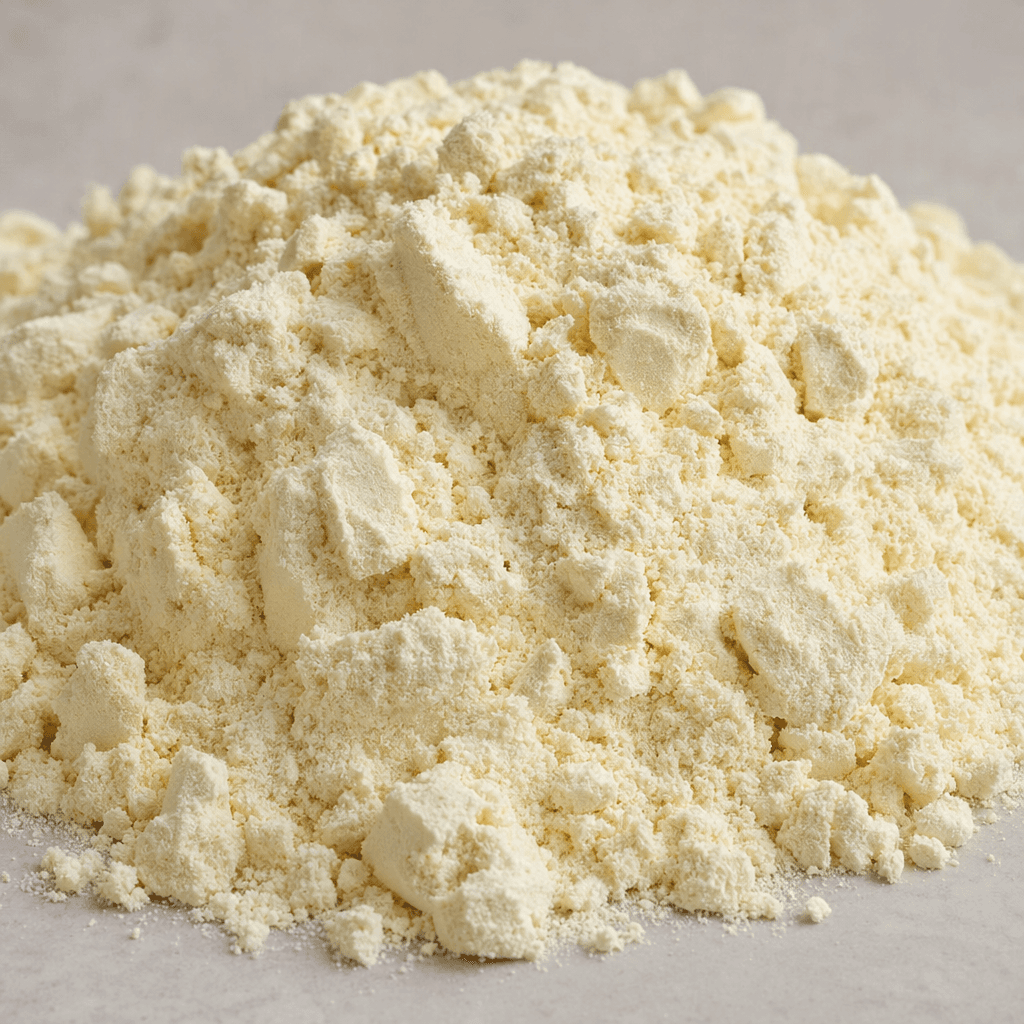 Açık krem renkli, ince ve kuru protein izolatı tozu, hafif kabarık bir yığın halinde ve yer yer küçük topaklarla görünür.