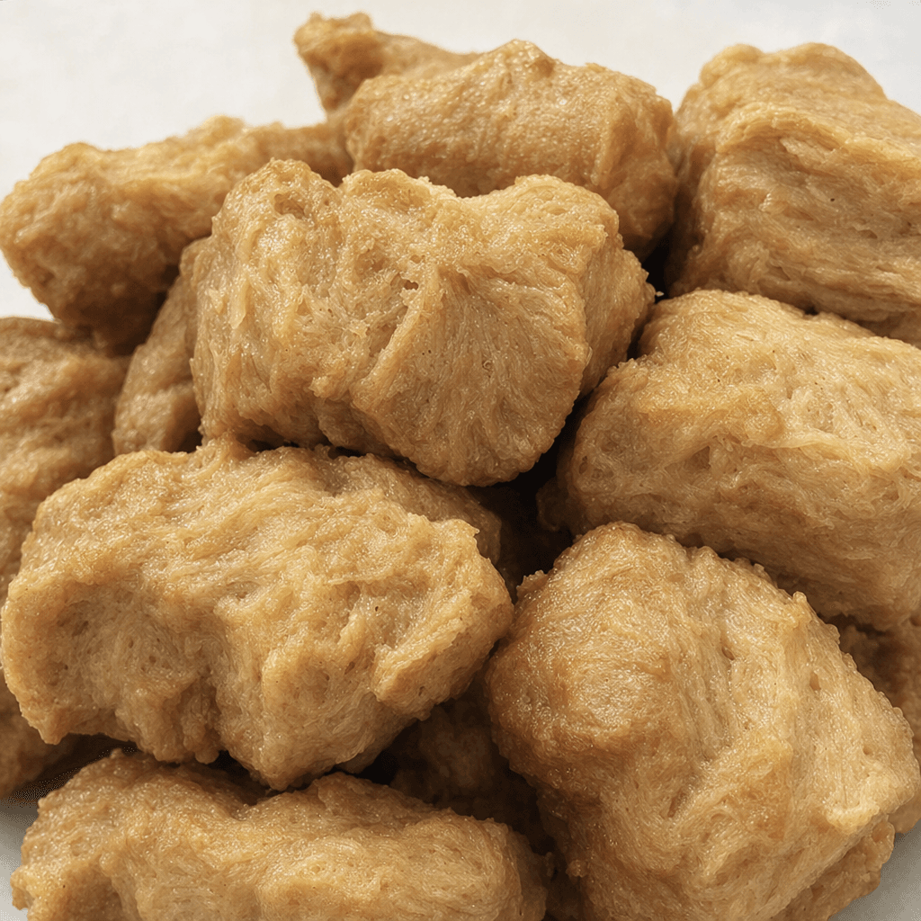 Mat bej-kahverengi yüzeyli, hafif pürüzlü ve düzensiz biçimli işlenmiş protein parçaları bir arada duruyor.
