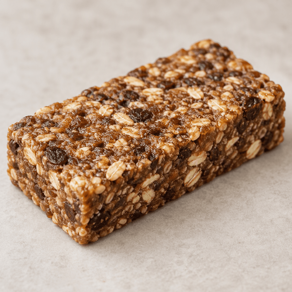 A compact rectangular brown protein bar with a dense, slightly rough surface and small pale oat-like pieces and darker bits visible throughout.