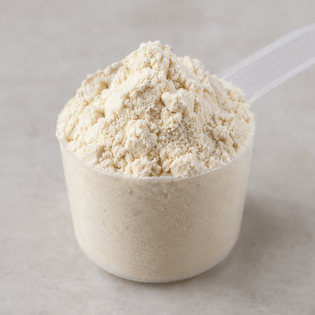 A mound of fine, pale cream-colored protein powder with a soft, slightly clumpy texture sits in a small scoop.