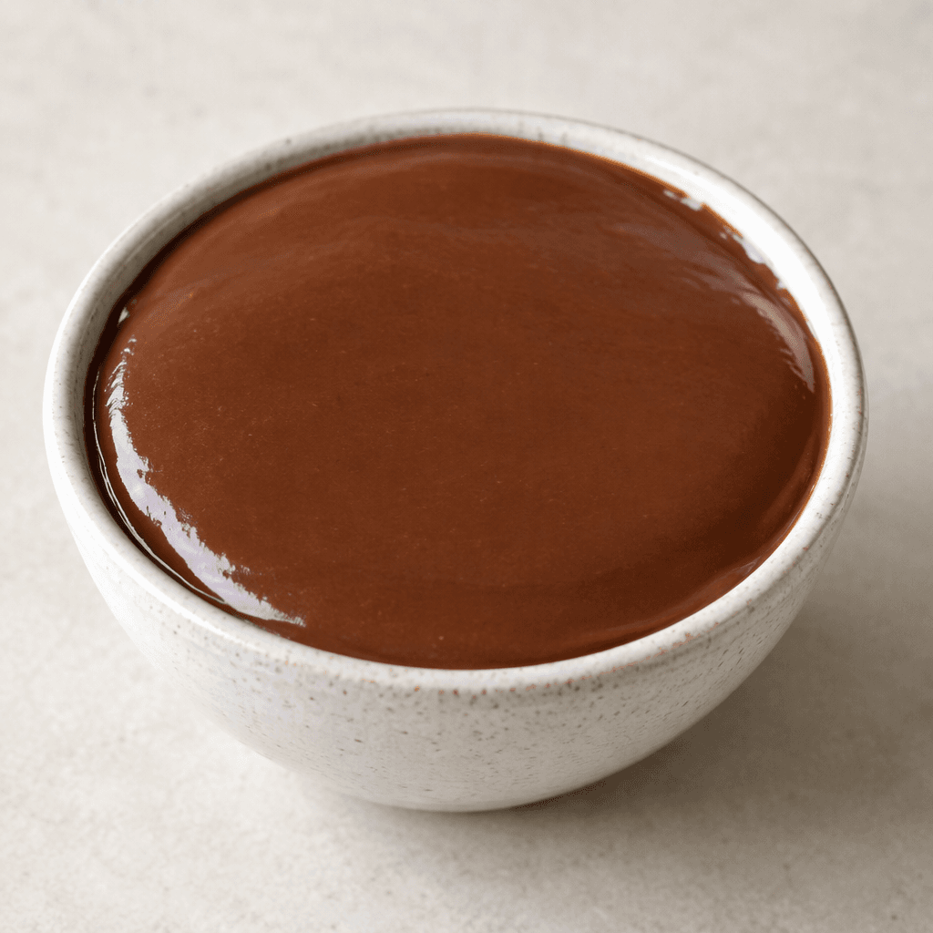 A thick, smooth, glossy chocolate-brown pudding sits in a small bowl, its surface level with softly rounded edges and no visible toppings.