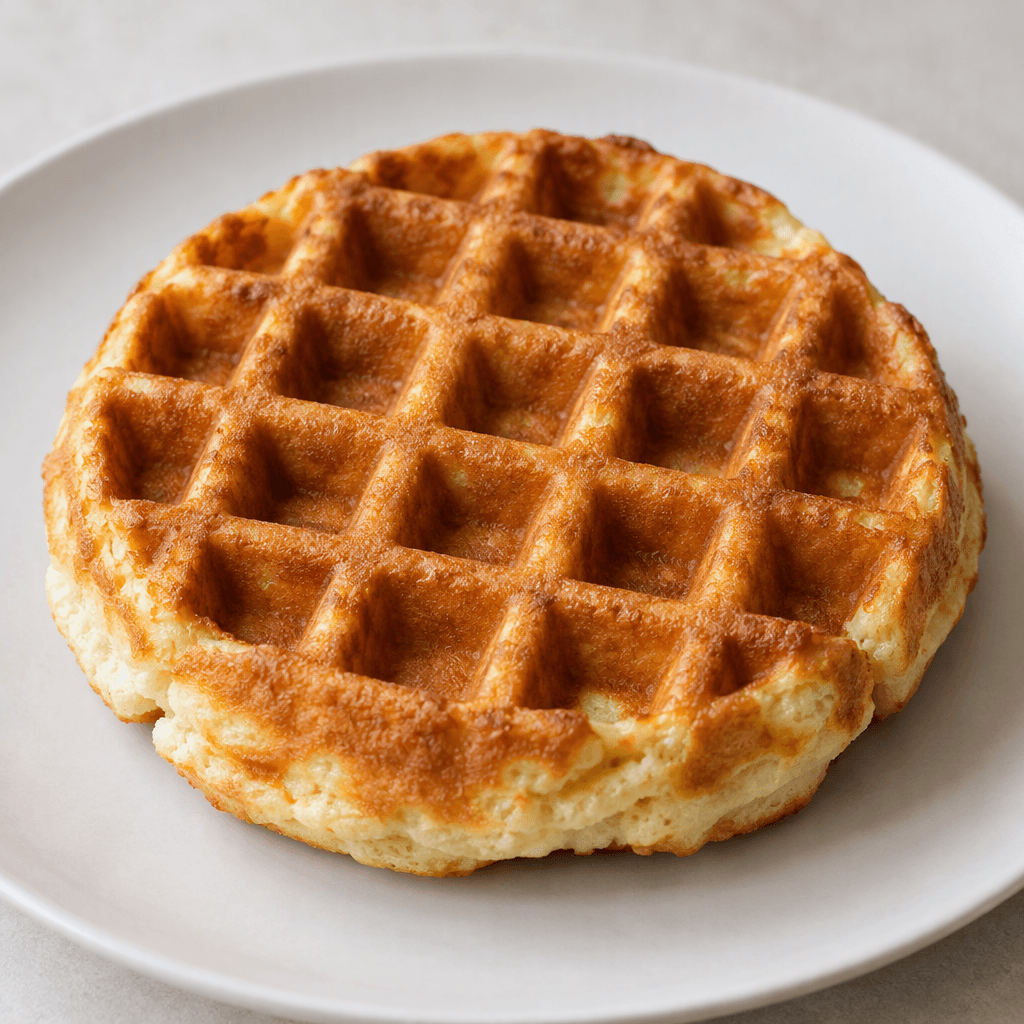 Kenarlarında açık renkli ve yumuşak dokusu görünen, yüzeyi belirgin kare gözlü ve kızıl altın renkli kalın bir waffle düz bir tabakta servis edilmiş.