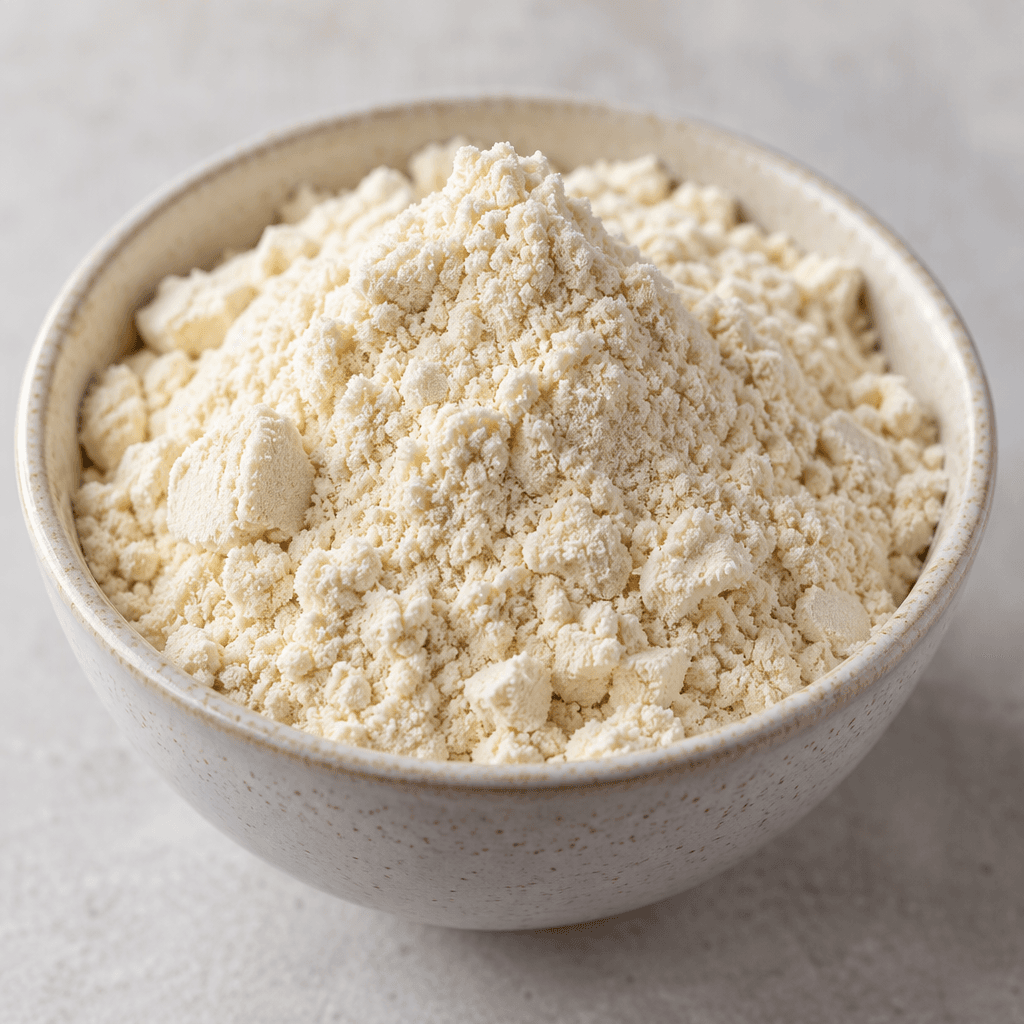 A mound of fine, off-white protein powder with a soft, slightly clumped texture sits in a small bowl.