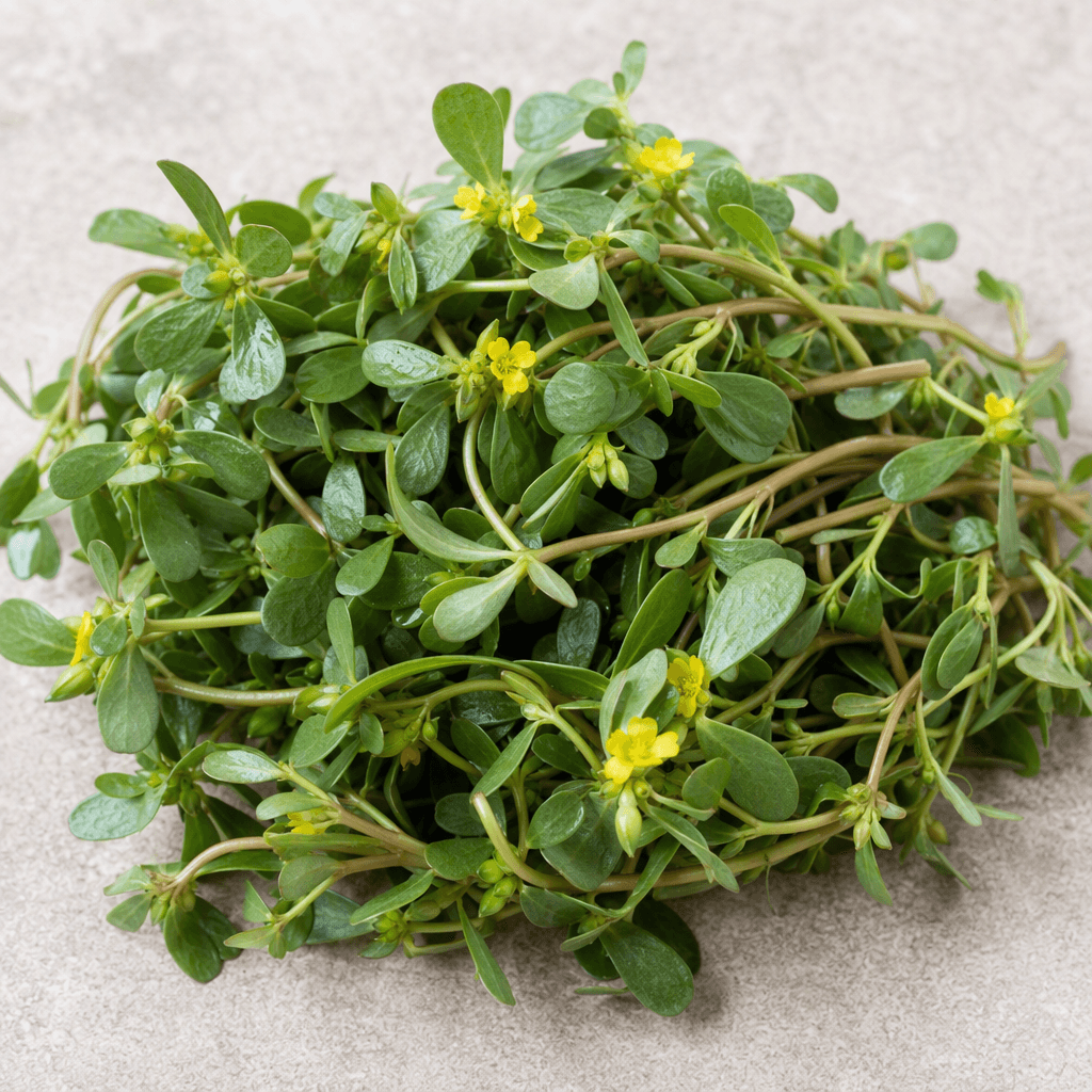 Fresh purslane is shown as a loose bunch of slender, branching green stems with small, round, glossy succulent leaves and occasional tiny yellow flowers, arranged on a plain surface.