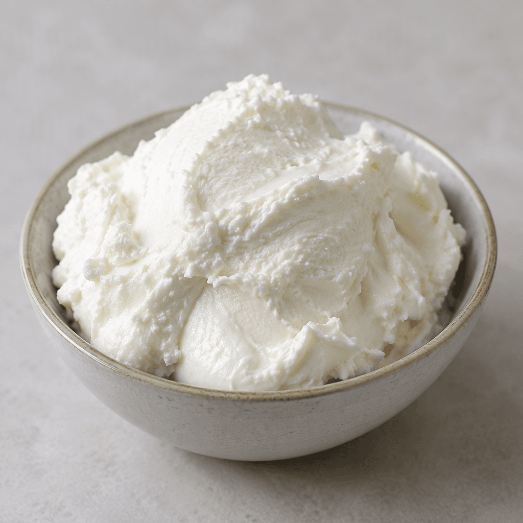 A mound of thick, white fresh curd with a smooth, creamy surface and faint soft graininess, served in a small bowl.