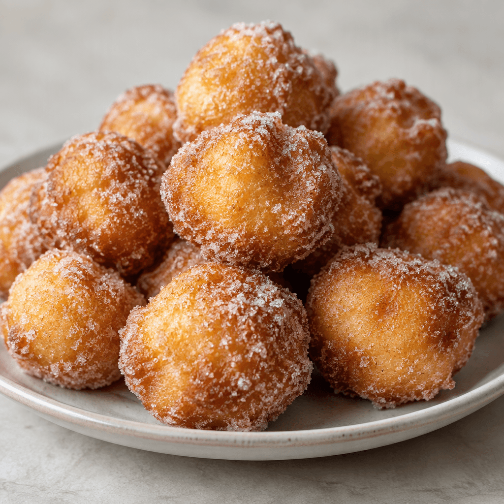 Small, round, golden-brown dough balls with lightly uneven surfaces are piled on a plate, their outsides coated in fine sugar.