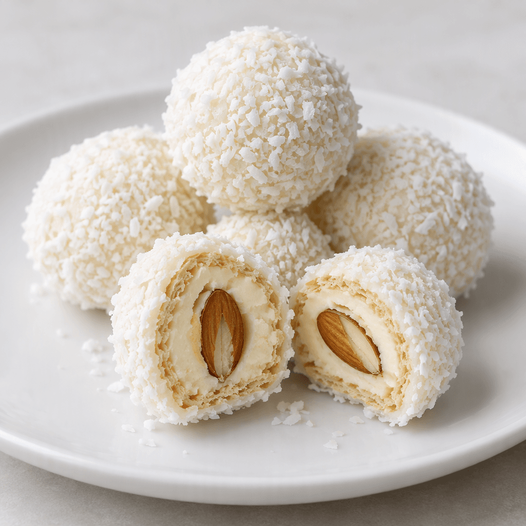 Small round white confections are coated in fine coconut flakes, with one cut open to reveal a pale creamy filling, a thin wafer layer, and a whole almond at the center, arranged on a white plate.