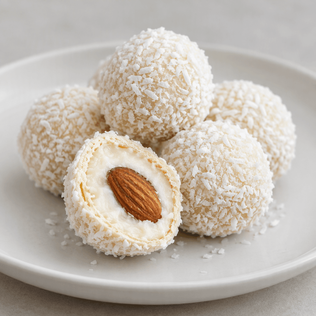 Small round white sweets are covered in fine coconut flakes, with one cut open to show a whole almond embedded in a smooth white cream filling inside a thin crisp shell, arranged on a plain plate.