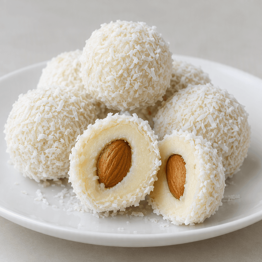 Small, round white sweets are covered in fine shredded coconut, with one cut open to show a smooth pale cream filling and a whole almond at the center, arranged on a white plate.
