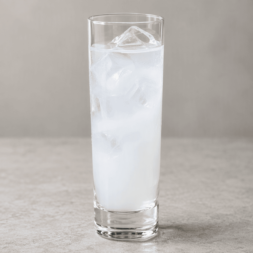 A clear, colourless anise-flavoured spirit is served in a tall, narrow glass, sometimes with ice and a separate splash of water that turns it cloudy white.