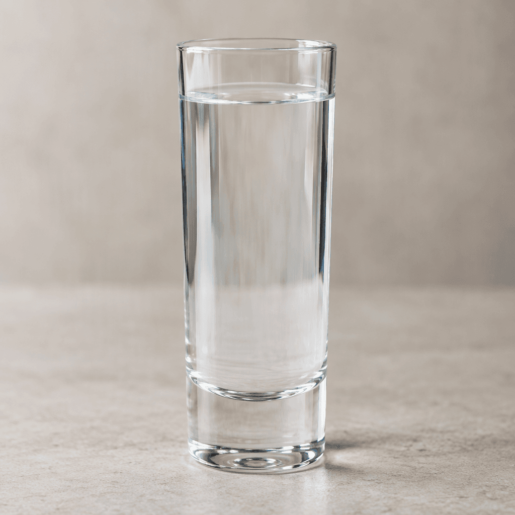 A tall, narrow transparent rakı glass holds a double pour of clear, colourless liquid, with no garnish or ice visible.