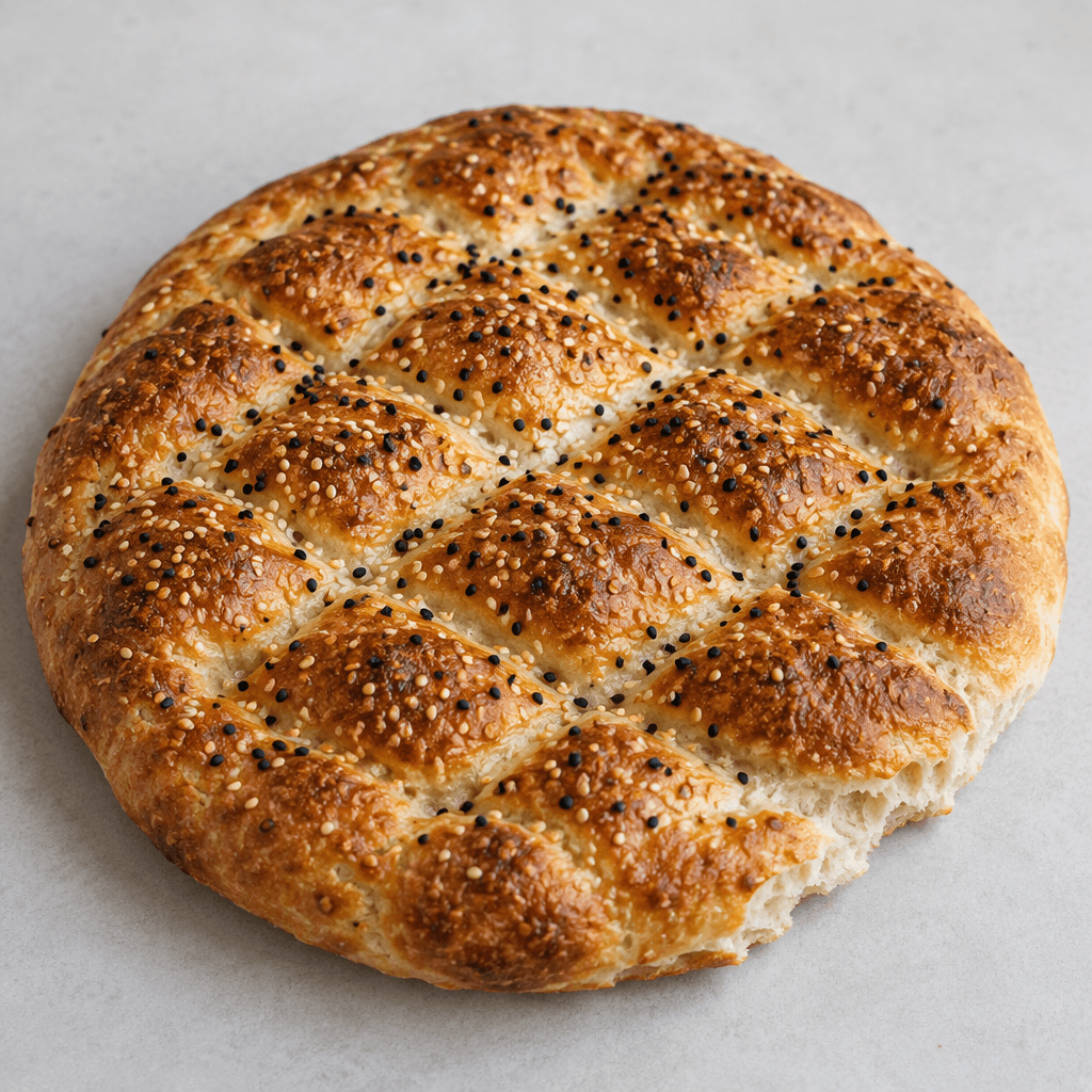 A round, slightly oval Turkish flatbread with a deep golden-brown, dimpled crust scored into a diamond pattern, sprinkled with sesame and black nigella seeds, with a soft pale interior visible along a torn edge and served whole on a plain surface.
