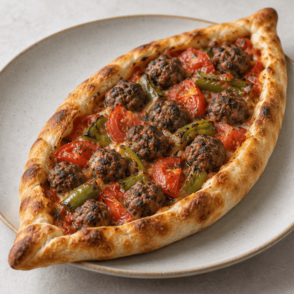 An elongated, boat-shaped flatbread with a lightly browned rim, topped with small browned meatballs and scattered pieces of red tomato and green pepper, served on a plate.