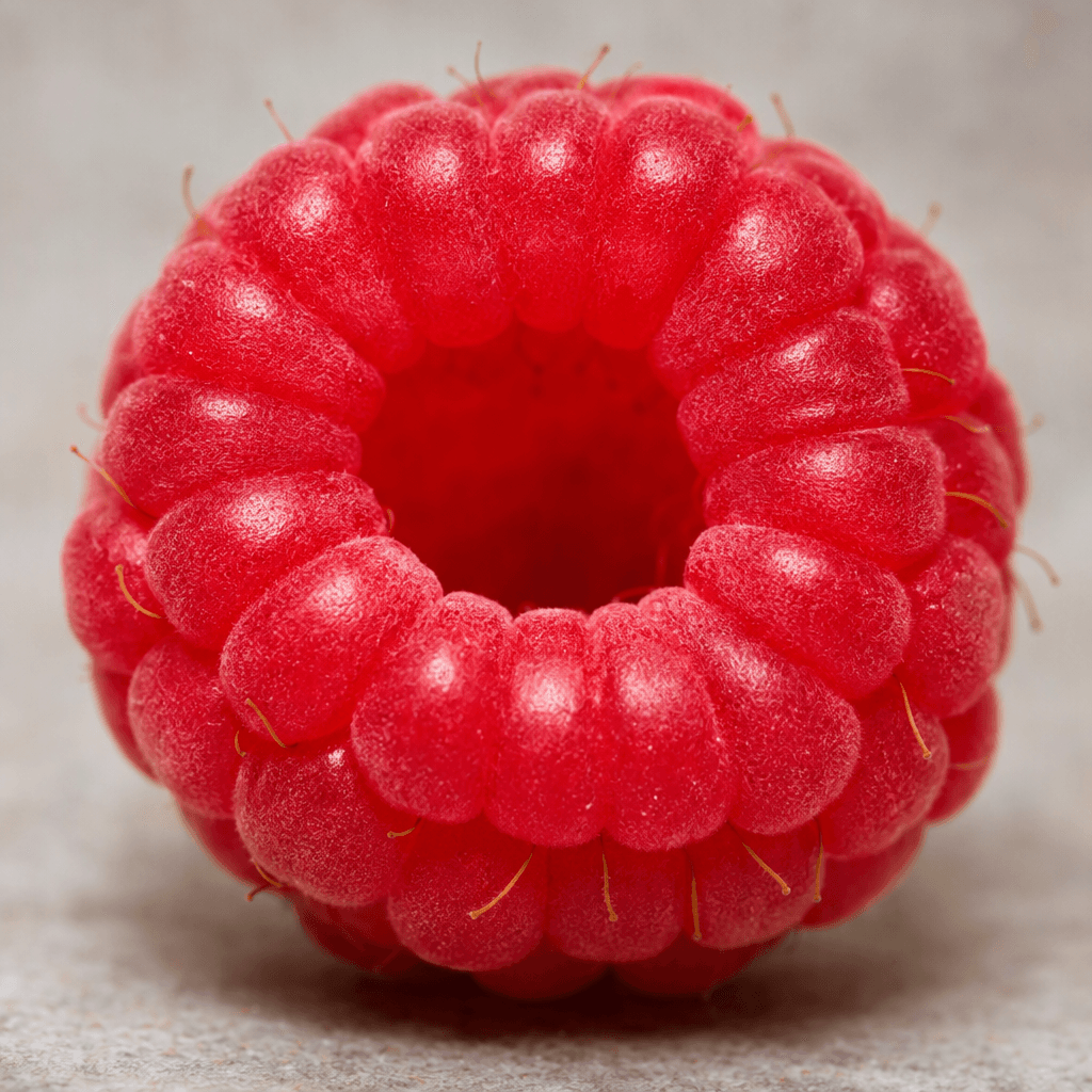 A raspberry is a small, rounded berry made of tightly clustered, glossy red to deep pink drupelets, with a delicate, slightly hollow center and a soft, textured surface.