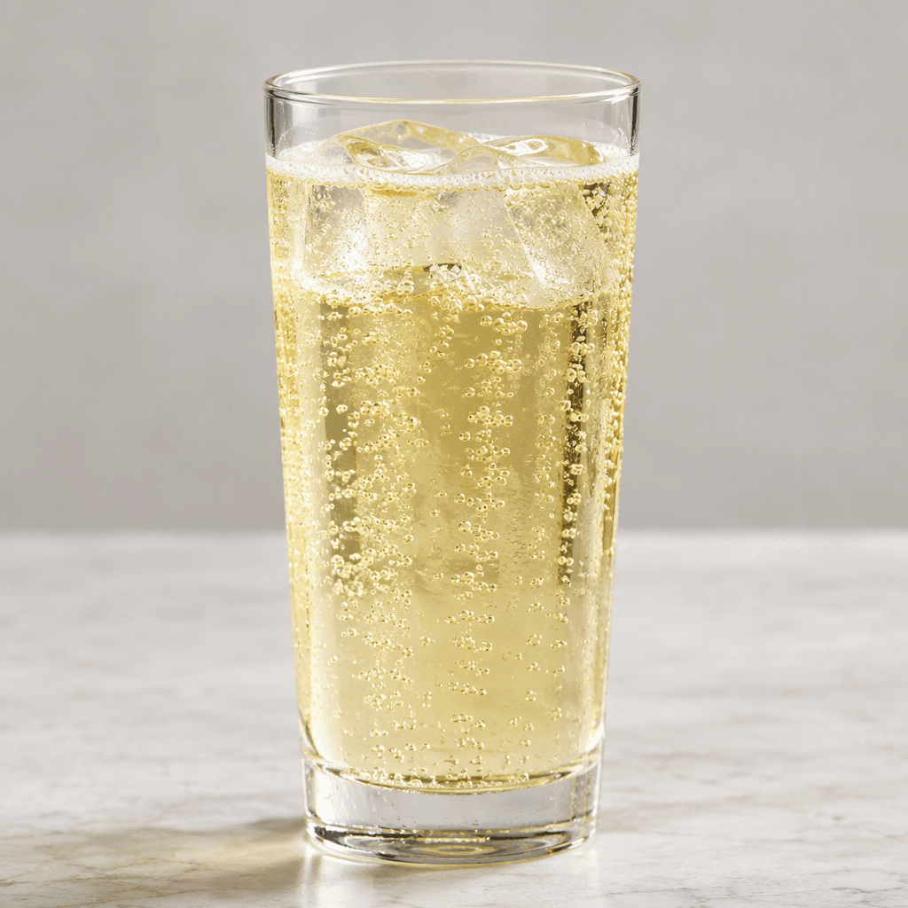 A clear, pale straw-yellow carbonated beverage with fine bubbles rising through the liquid, served chilled in a tall transparent glass.
