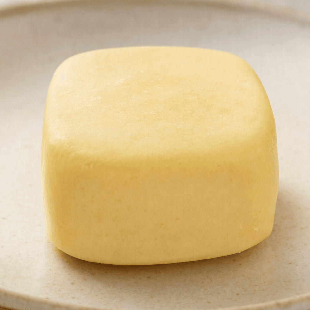 A compact, pale cream-yellow processed food with a smooth, even surface and softly rounded edges, served in a simple piece.