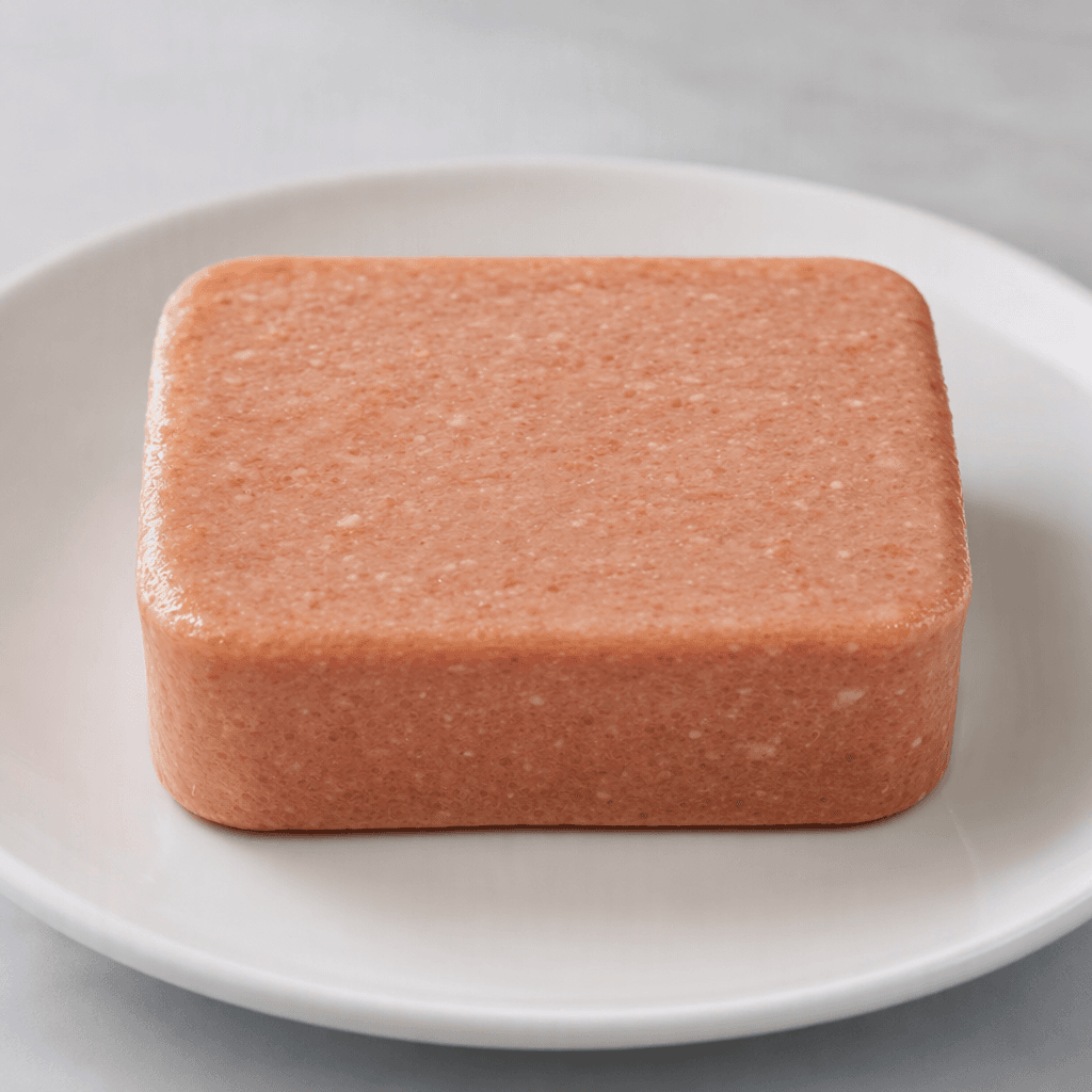 A compact, uniformly shaped processed food item with a smooth surface, shown on a plain plate.
