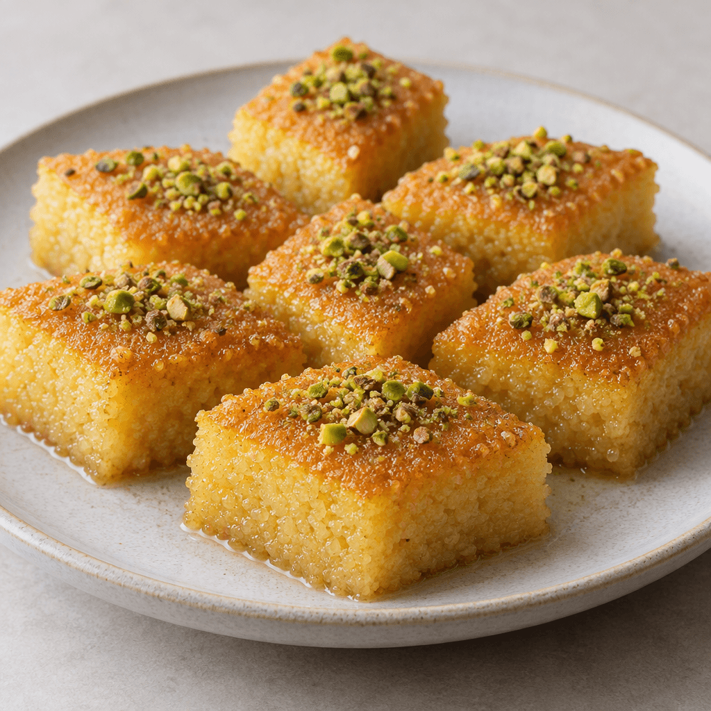 Diamond-cut pieces of golden-yellow semolina cake sit on a serving plate, their porous crumb visibly soaked with syrup and topped with a light scattering of finely chopped green pistachios.