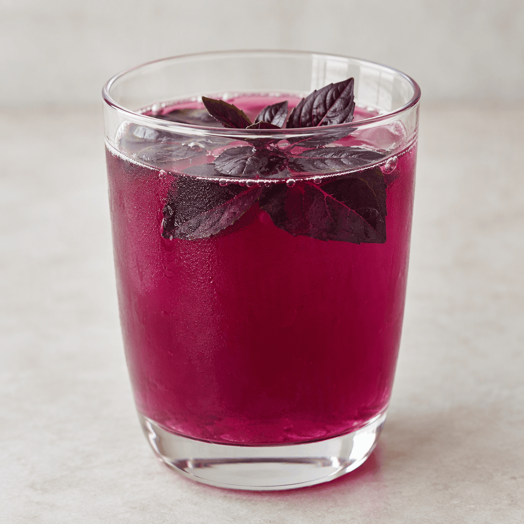 A clear glass holds a translucent, deep magenta-purple drink with a few dark basil leaves visible near the surface.