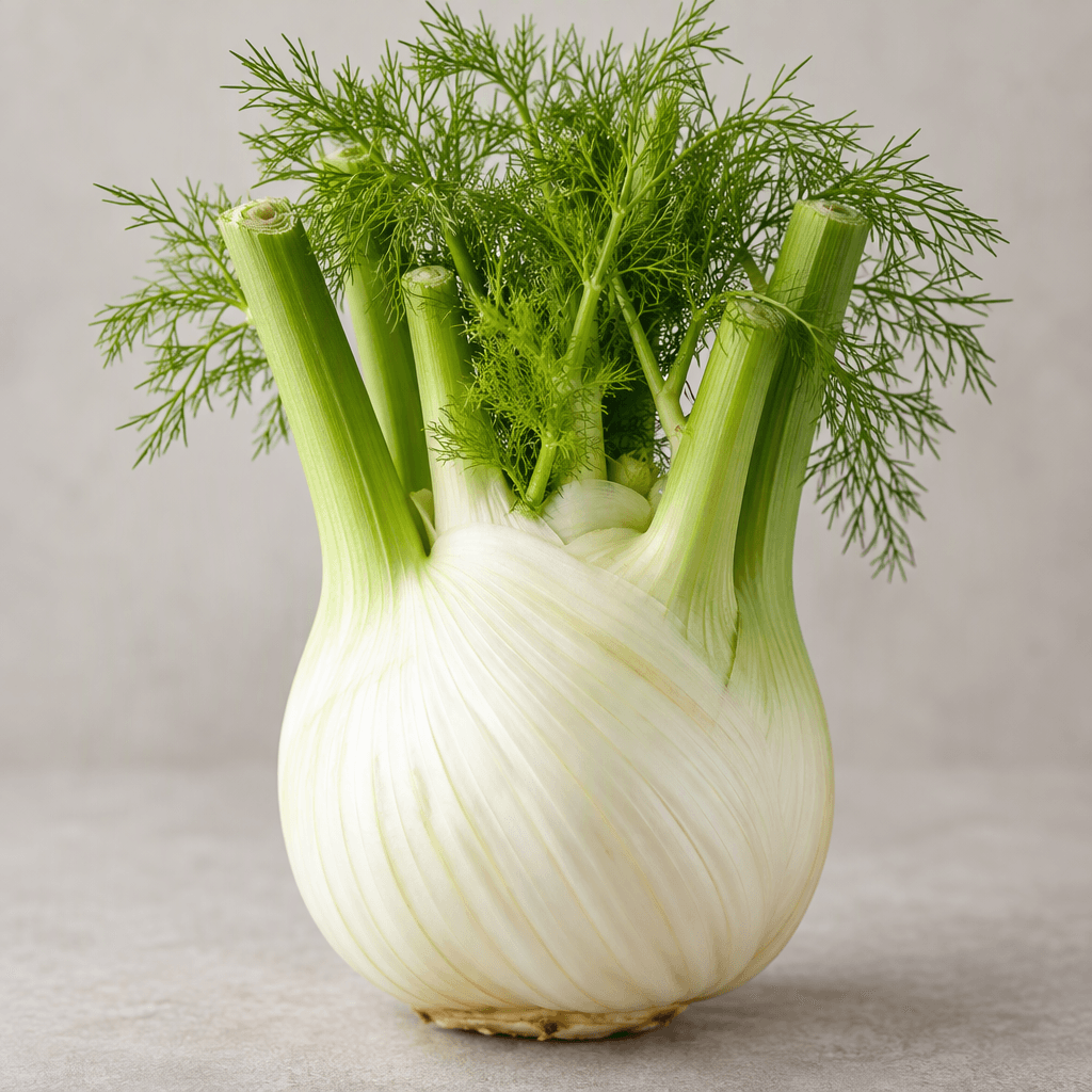 A whole fennel has a smooth, round white bulb with pale green shading, several thick celery-like stalks rising from the top, and delicate feathery bright-green fronds.
