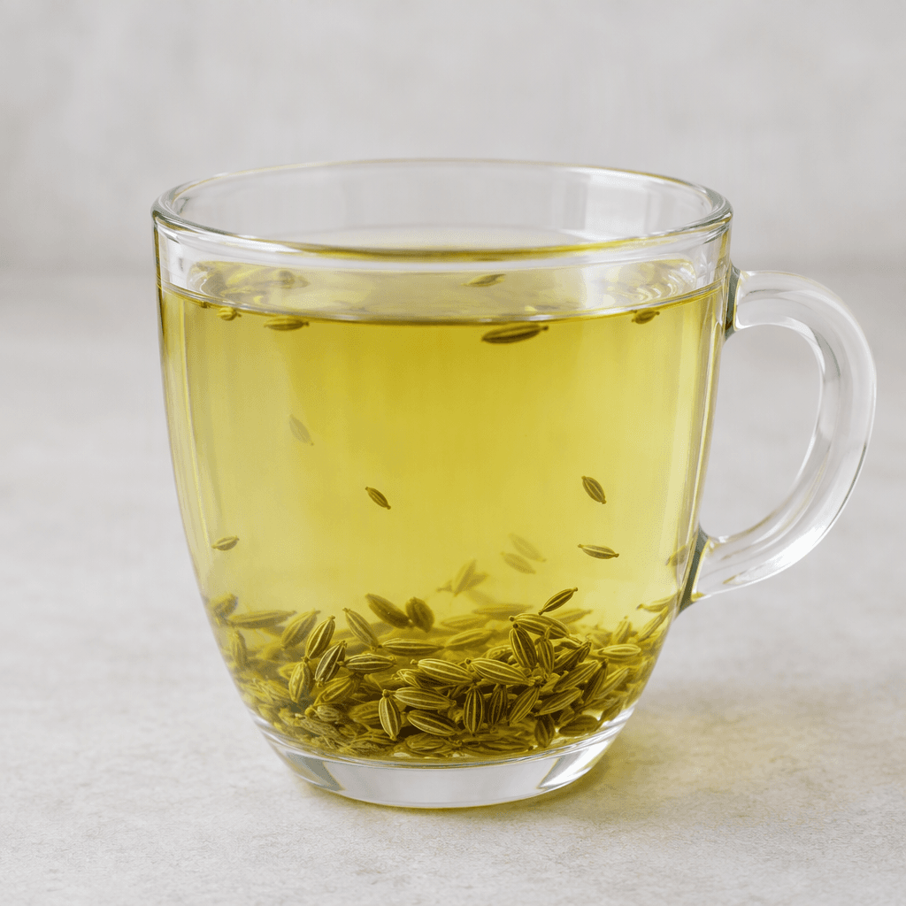 A clear glass cup holds a pale yellow-green infusion with small elongated greenish-brown fennel seeds settled at the bottom and a few visible through the liquid.