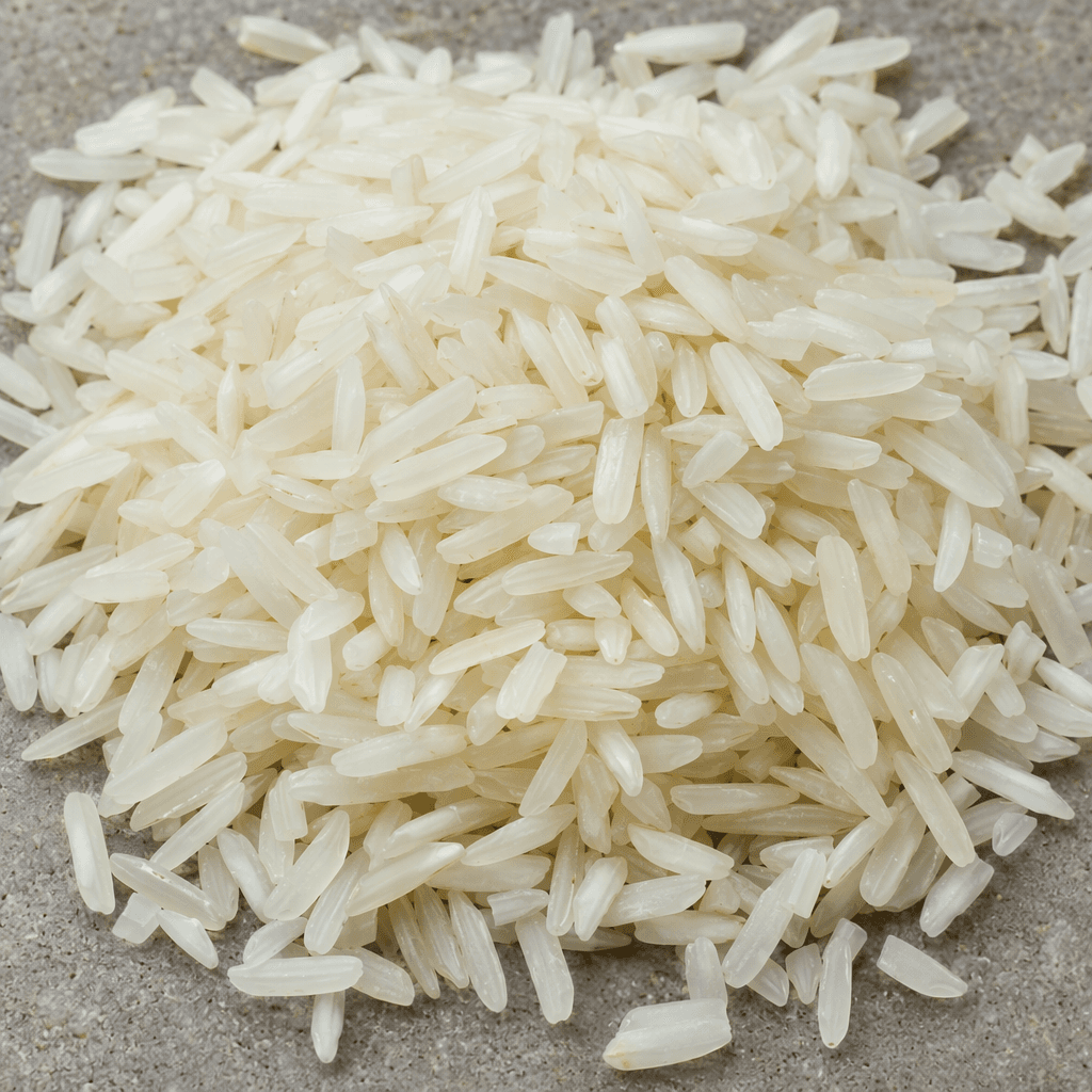 Loose, small elongated grains with gently rounded ends, smooth surfaces, and a white to slightly translucent ivory colour, scattered in a shallow pile.